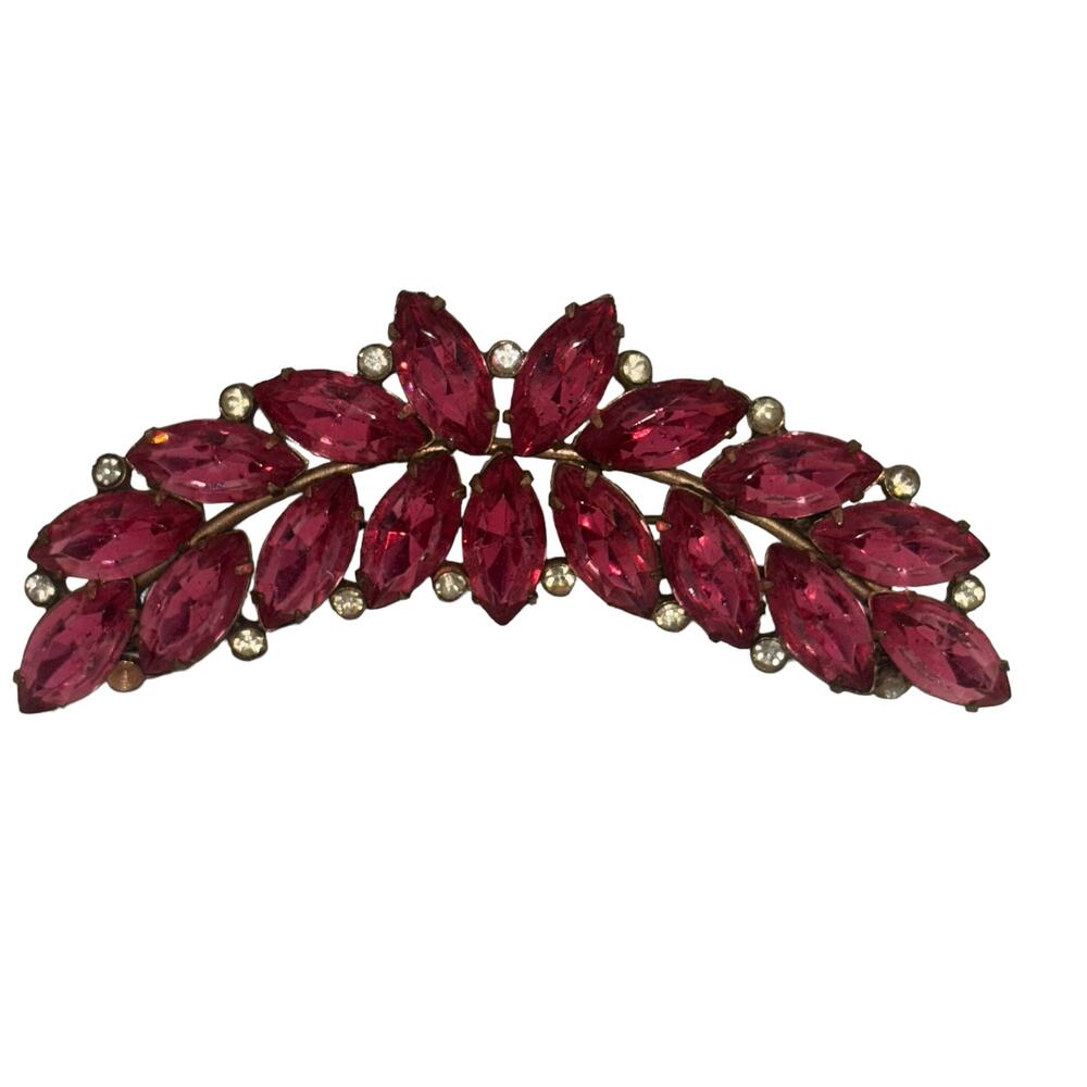 Vintage Large Pink Rhinestone Brooch Pin Pink Marquis Shape Stones Pendant Clasp
